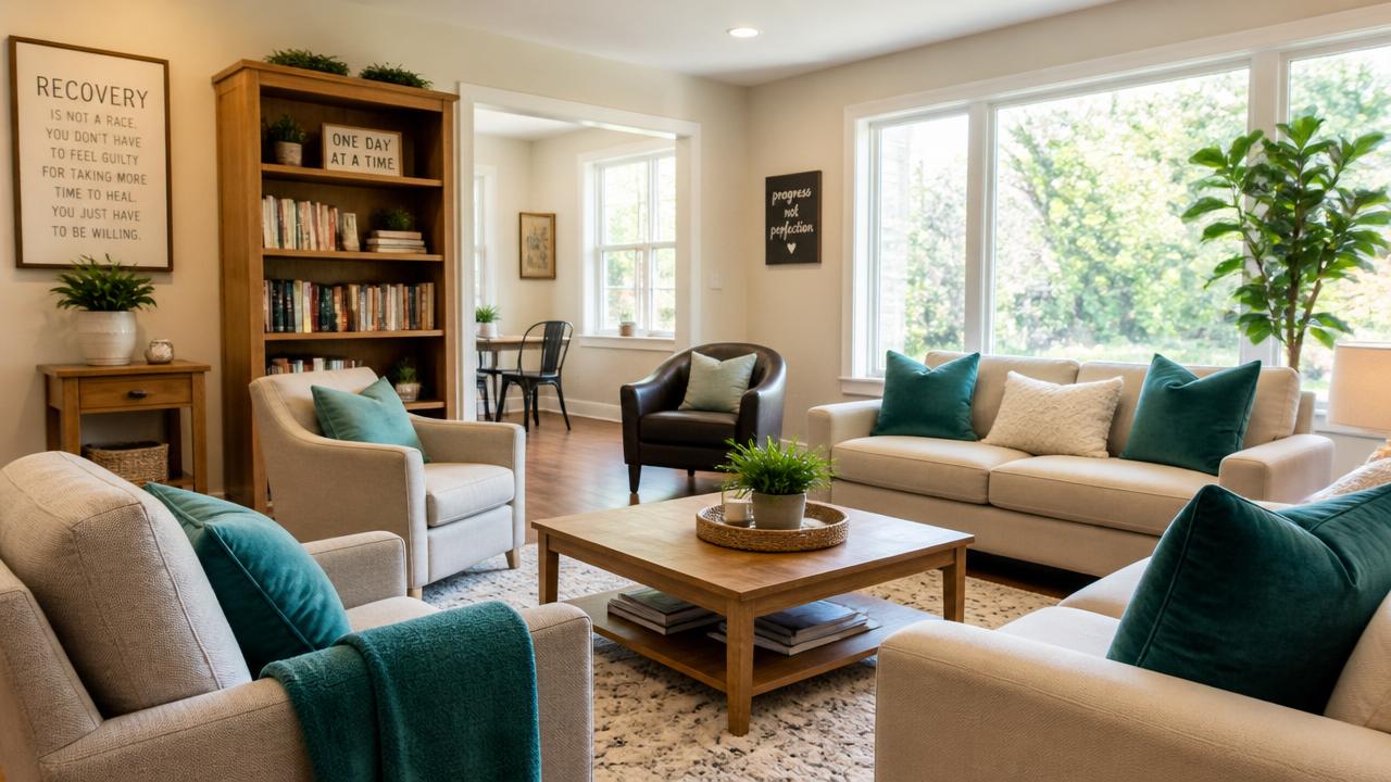 Comfortable communal lounge area at Elevate Recovery Home with seating, bookshelves, and natural light